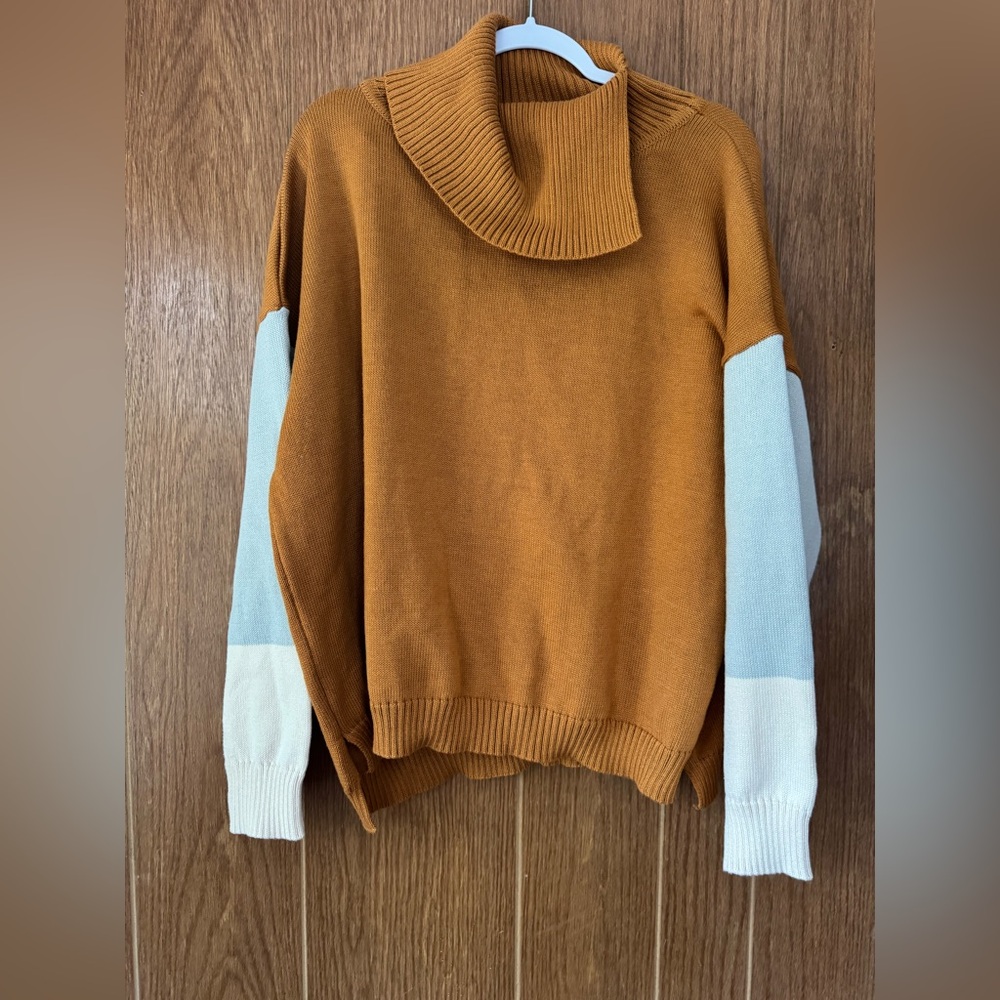 Pink Lily Warm Cowl neck Sweater in Brown and White